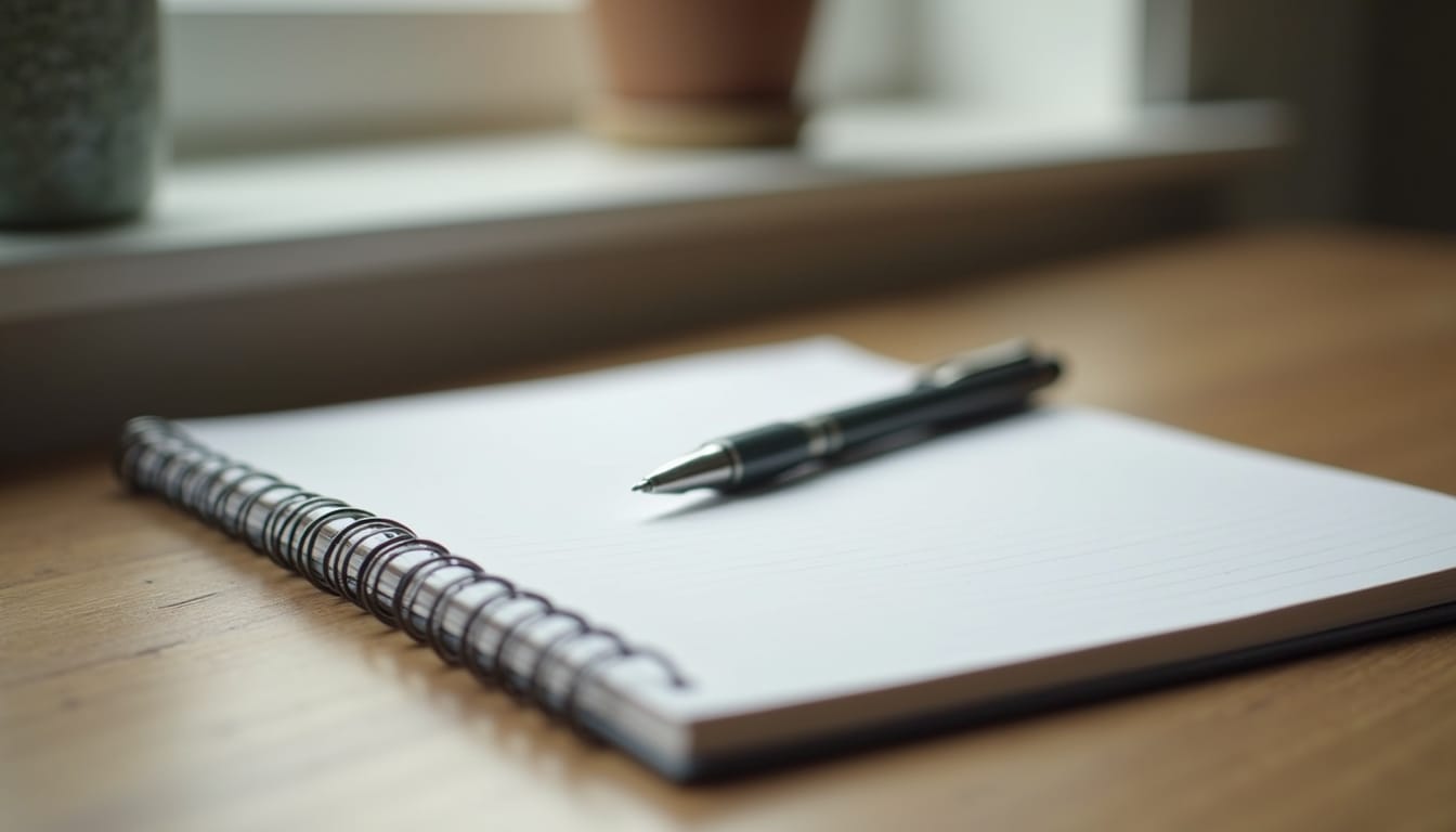 Close-up view of a journal and pen on a wooden desk, symbolizing cognitive behavioral therapy practice